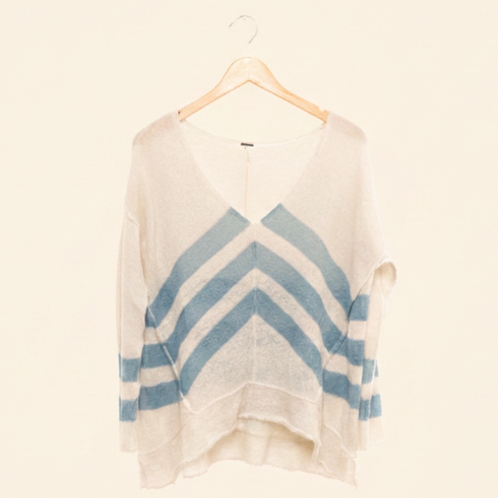 Free People Oversized Striped V-Neck Linen Blend Sweater - Cream & Blue